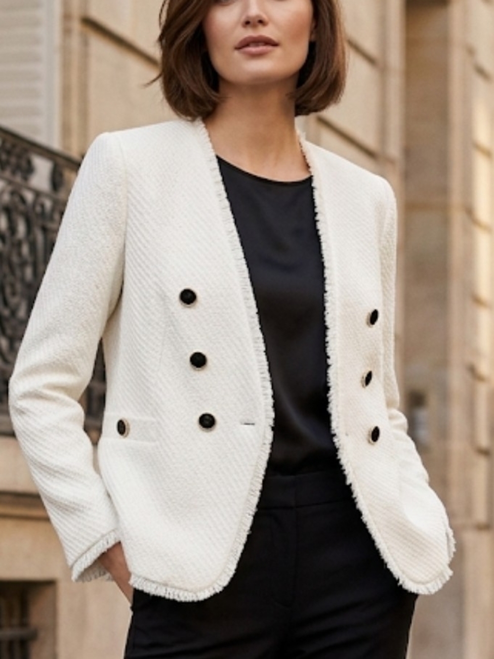 DKNY White Tweed Fringe Blazer / Jacket Sz. 16